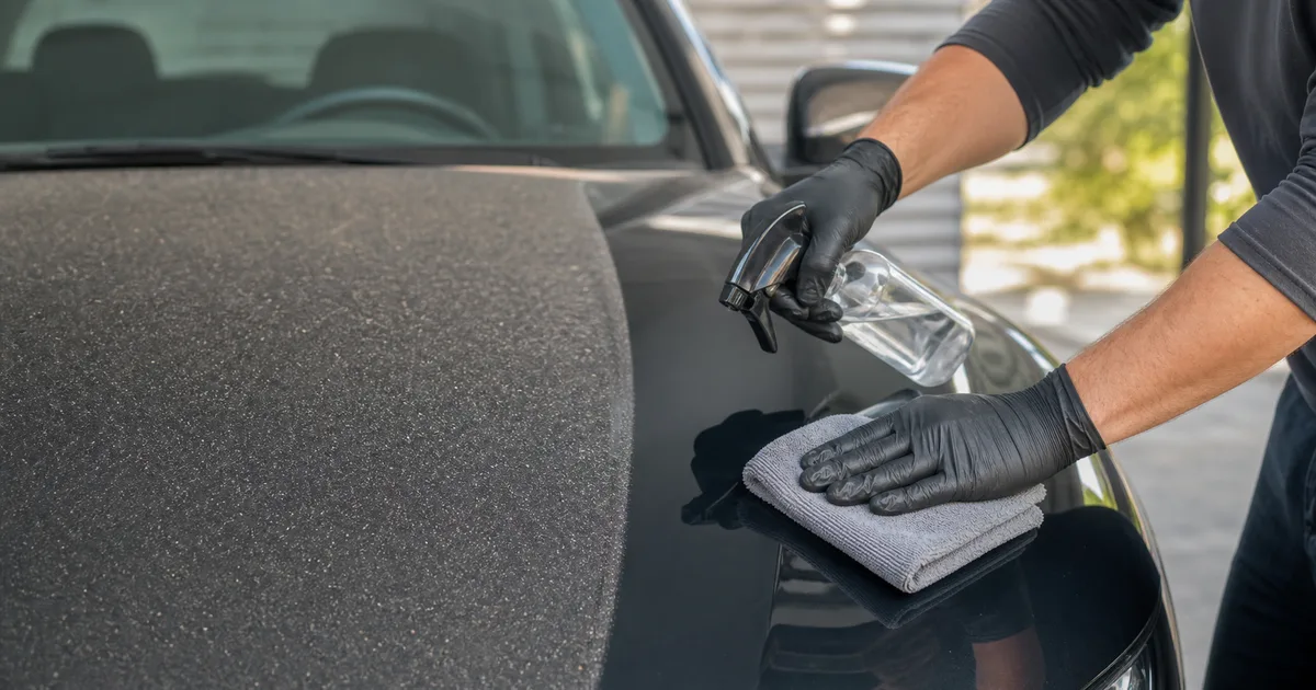 Microfibra y pulverizador aplicando protección ligera en un coche oscuro con polvo acumulado en el capó