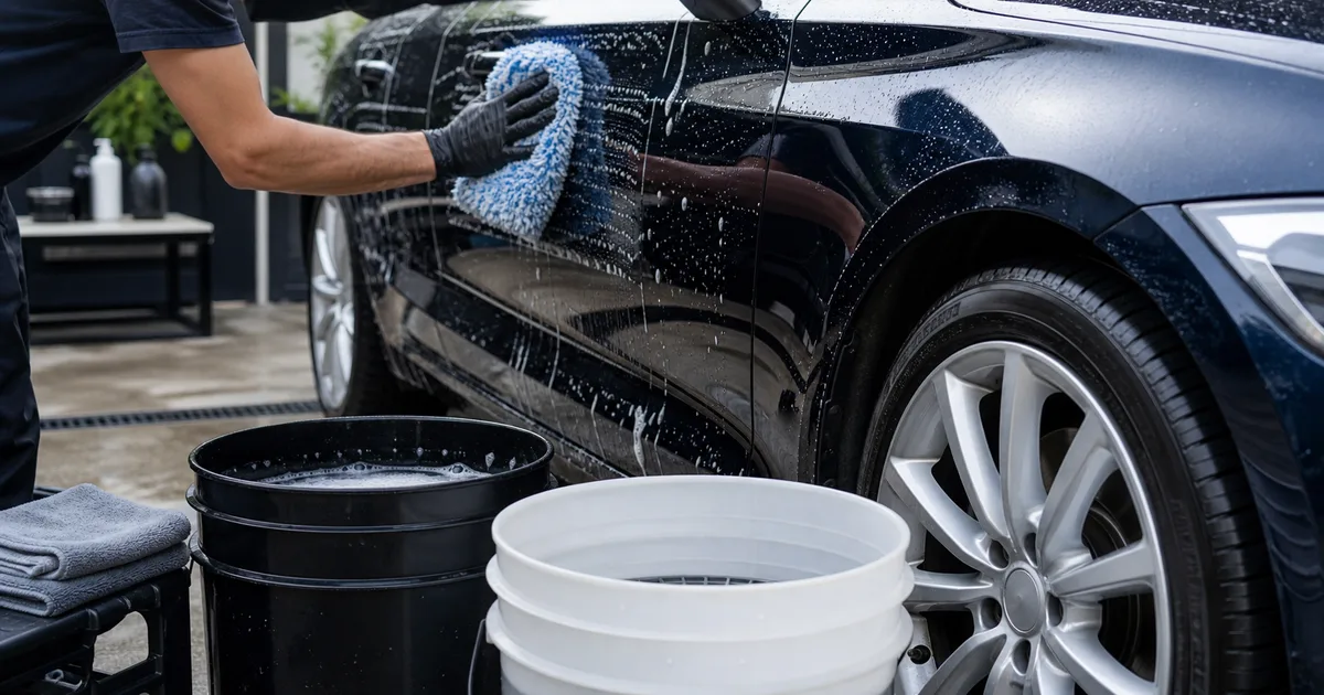 Lavado manual de coche a la sombra con guante de microfibra y cubos separados para reducir arañazos