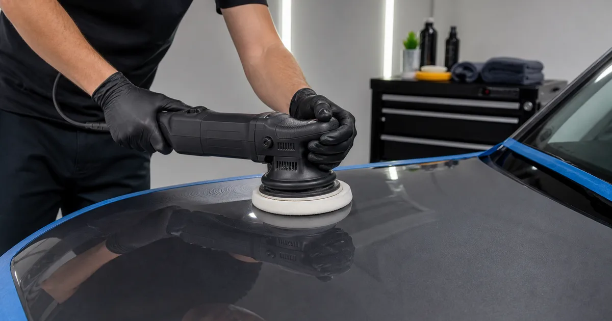 Pulidora orbital de coche con boina de espuma trabajando de forma segura sobre pintura protegida