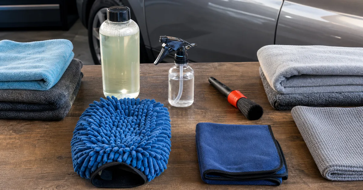 Kit práctico de lavado de coche con guante, microfibras, champú pH neutro y pulverizador sin marcas